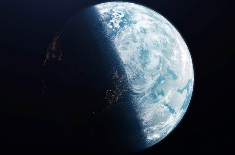 Outer space photo of the earth with the night terminator